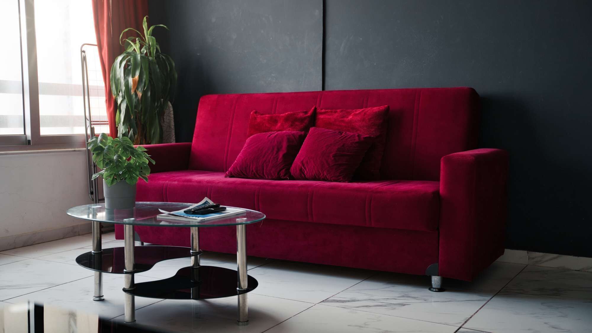 Un canapé rouge, une table basse en verre et une plante en pot dans une pièce dont le mur est de couleur sombre et qui possède une fenêtre.