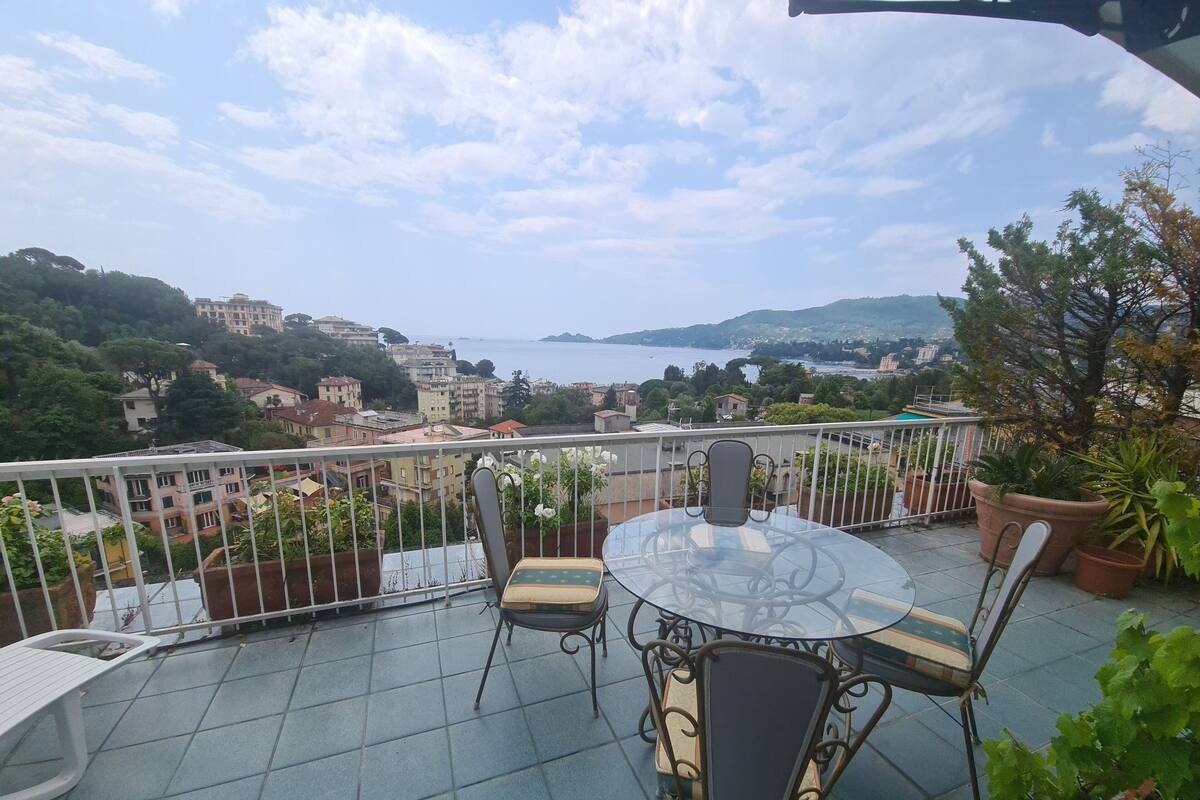 A balcony with a glass table and chairs, potted plants, and a view of a coastal town.