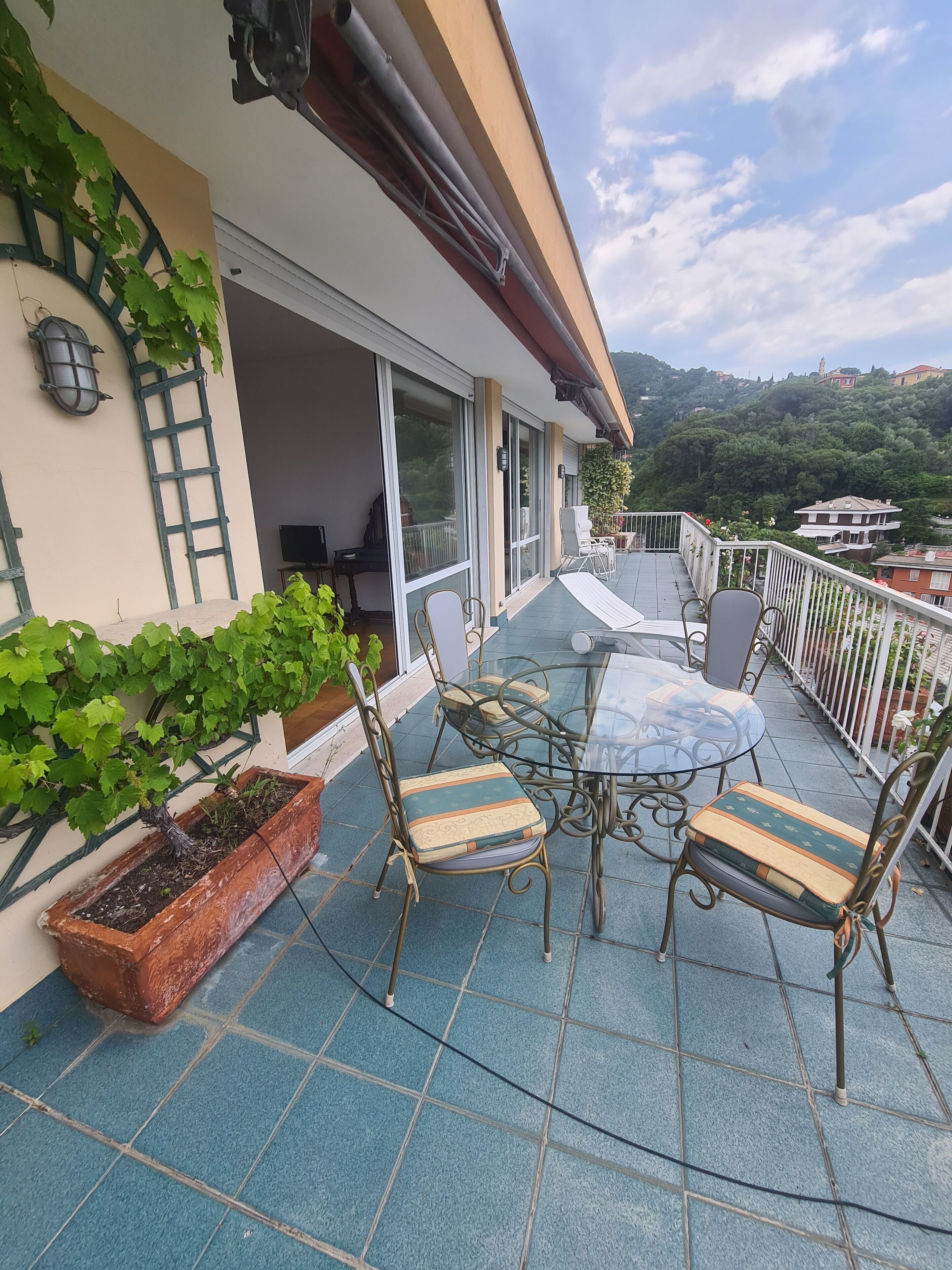 A terrace with a glass table and chairs, a potted plant, and a view of a hillside.