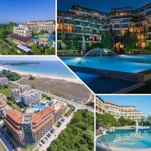A hotel with multiple buildings, a swimming pool, and a beach view. - PRESTIGE CITY2  (Primorsko)