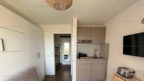 A compact living space with a kitchenette, a sofa, a dining table, and a TV mounted on the wall.