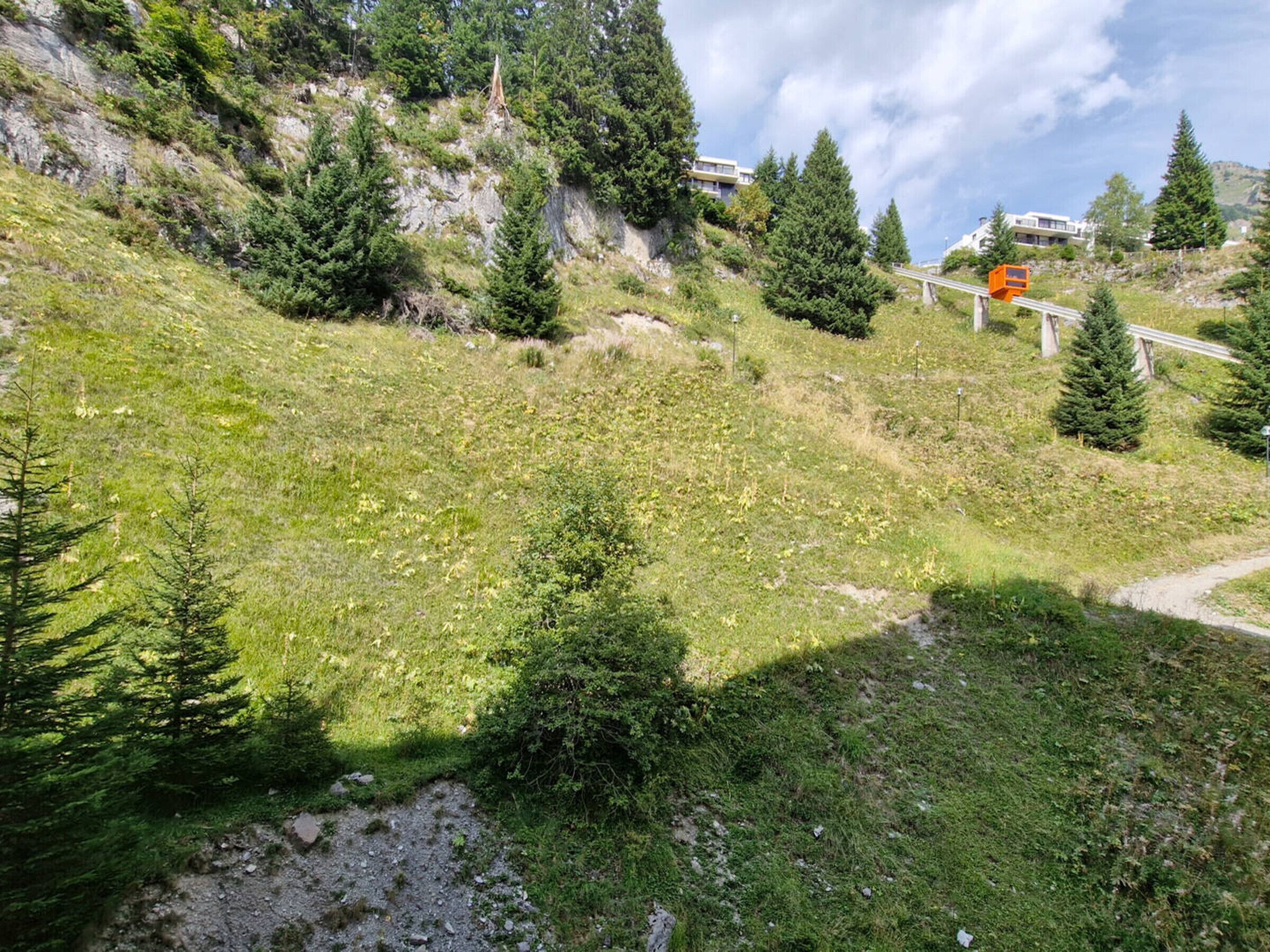 Eine Berglandschaft mit einer Straße, viel Grün und einem Gebäude im Hintergrund.