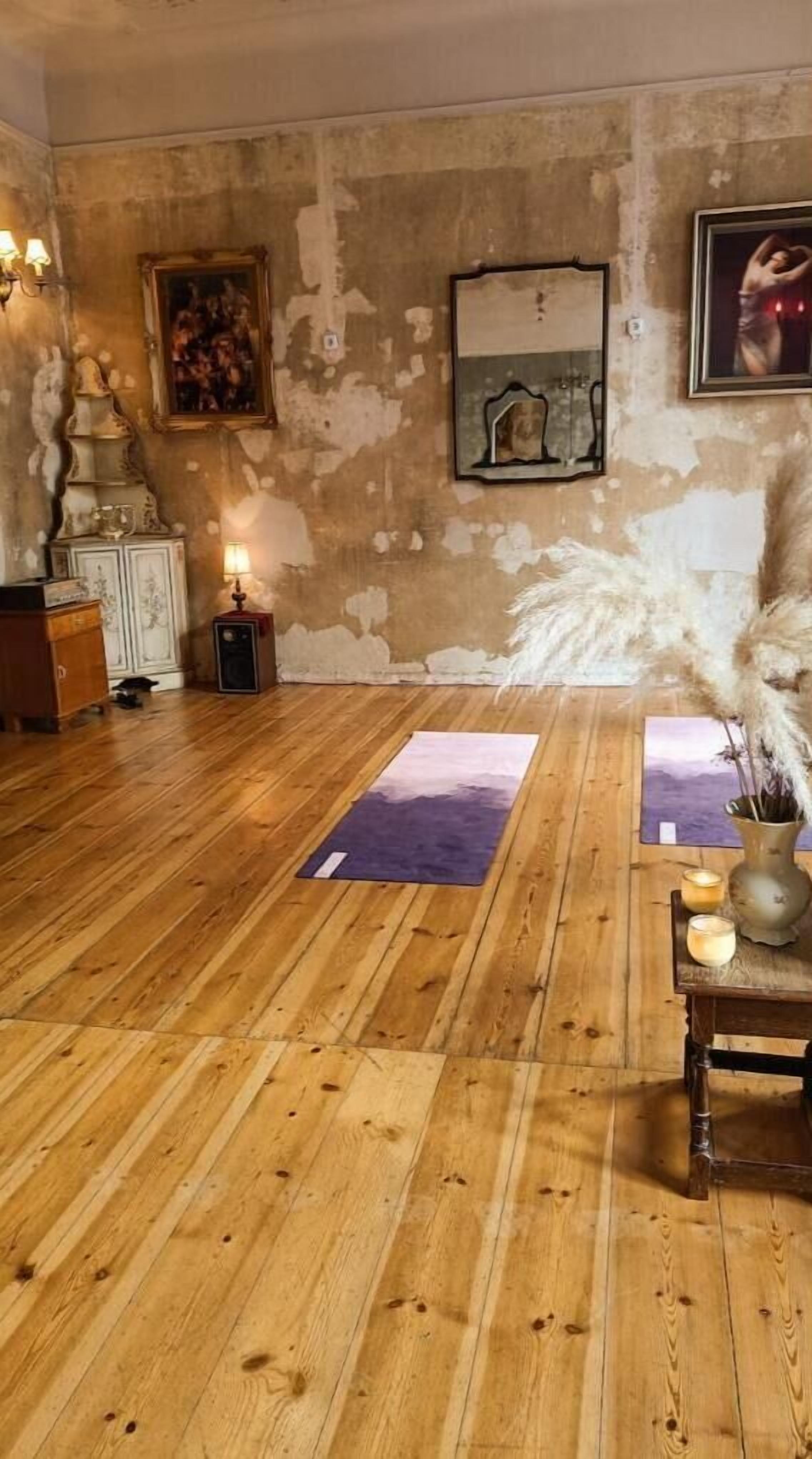 Warm studio with professional velvet rug yoga mats for indoor activities...