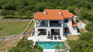 A two-story house with a swimming pool, surrounded by greenery and a stone wall. - Stunning home in Labin (Labin)