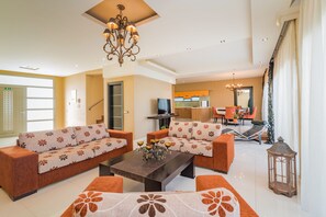 Een smart-tv, een open haard, boeken en een stereo