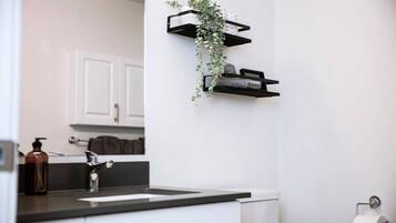 A modern kitchen with a black countertop, white cabinets, a hanging plant, and a toilet paper holder.