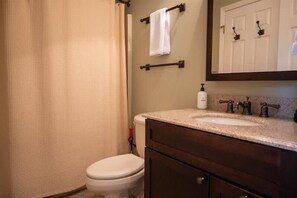 A bathroom with a toilet, sink, and mirror. - 3-BR Winterplace Ski-In/Out Okemo Condo w/ Loft (Ludlow)