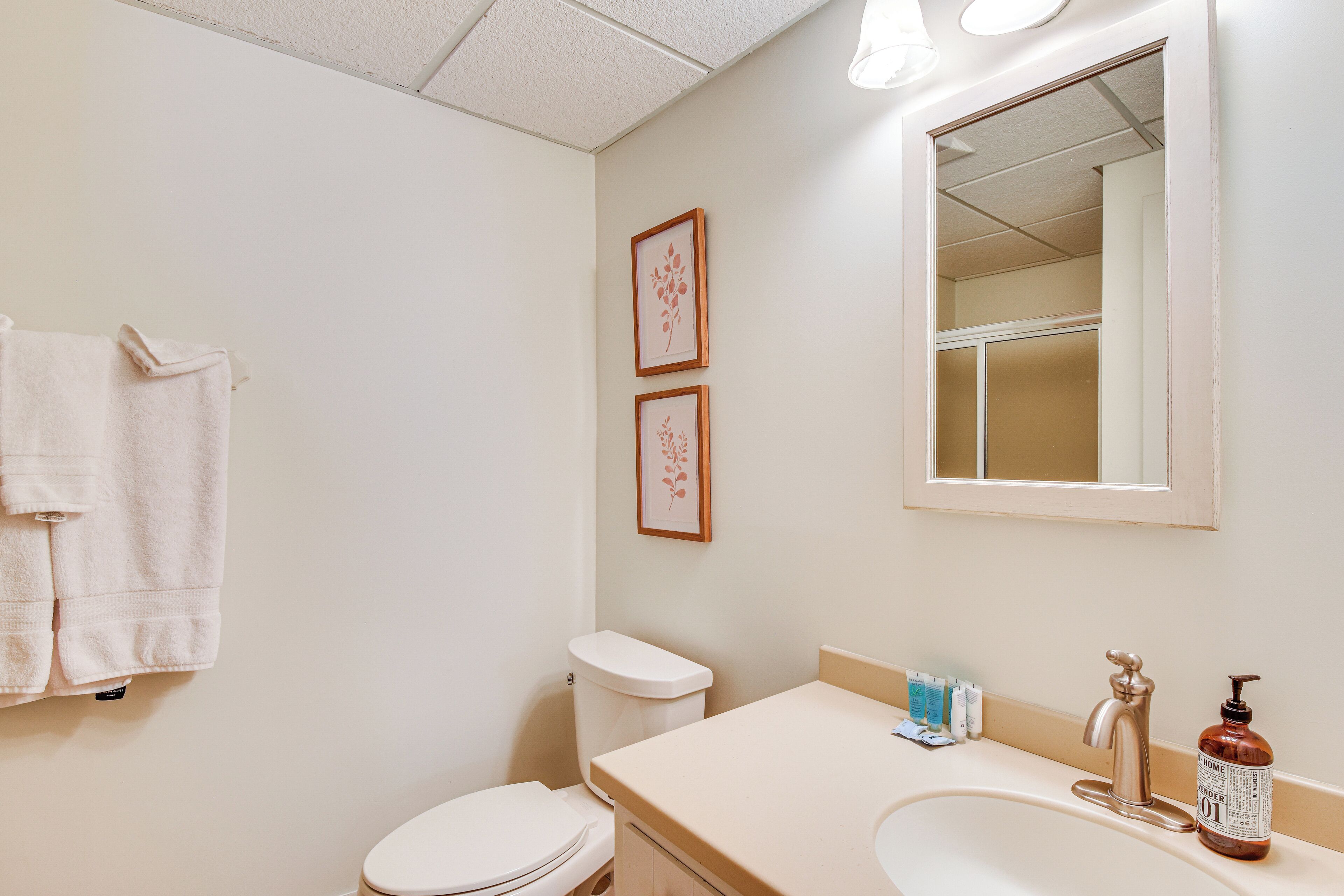A bathroom with a toilet, sink, and mirror. There are two framed pictures on the wall.