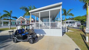 A covered outdoor area with a white railing, a golf cart, and palm trees.