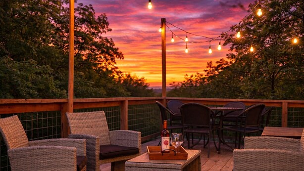 An outdoor deck with wicker furniture, a bottle of wine, and string lights against a sunset backdrop.
