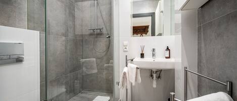 A modern bathroom with a glass-enclosed shower, a white sink, and a mirror above the sink.