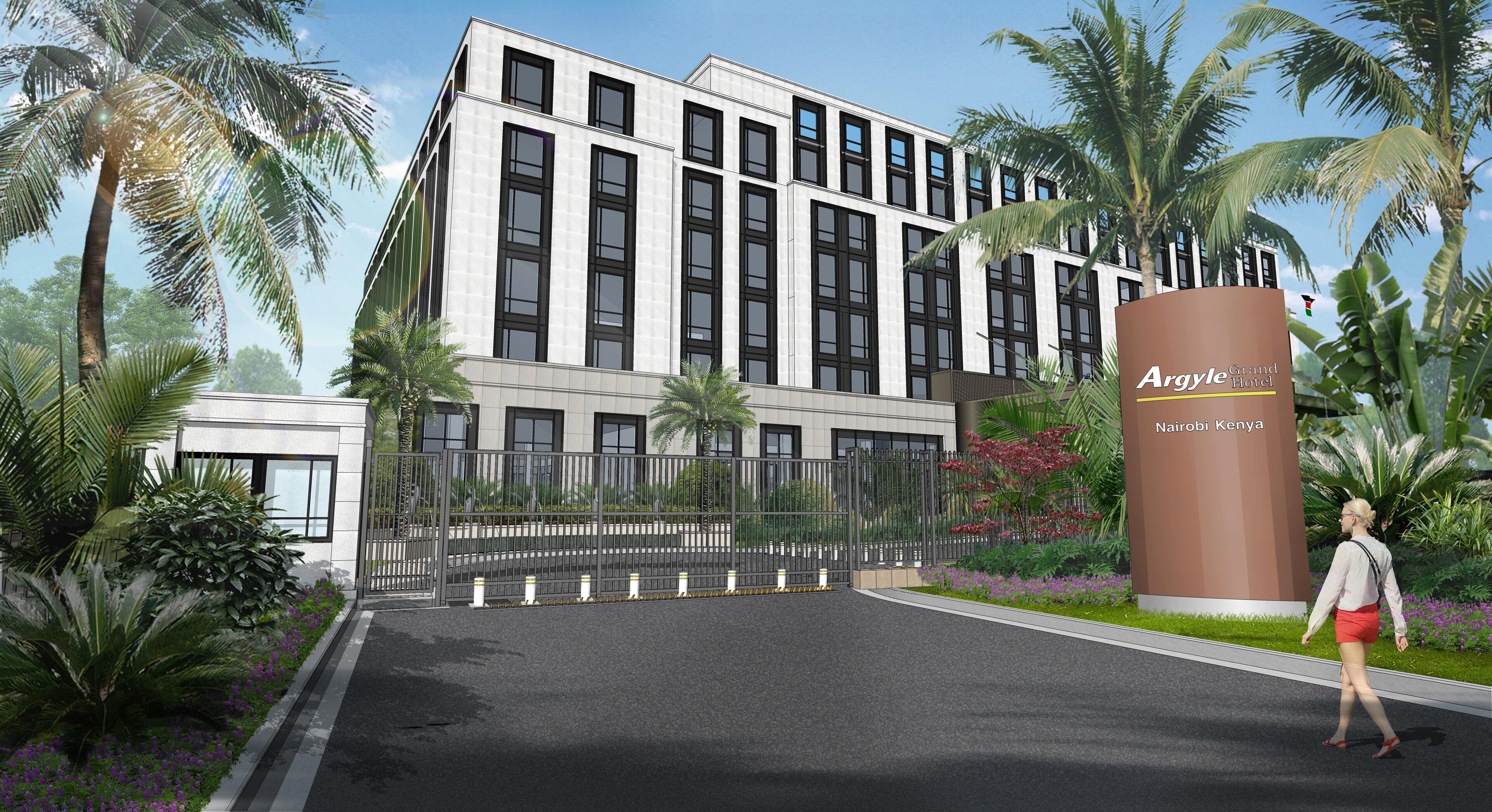 A modern hotel building with a prominent entrance, surrounded by lush greenery and palm trees.