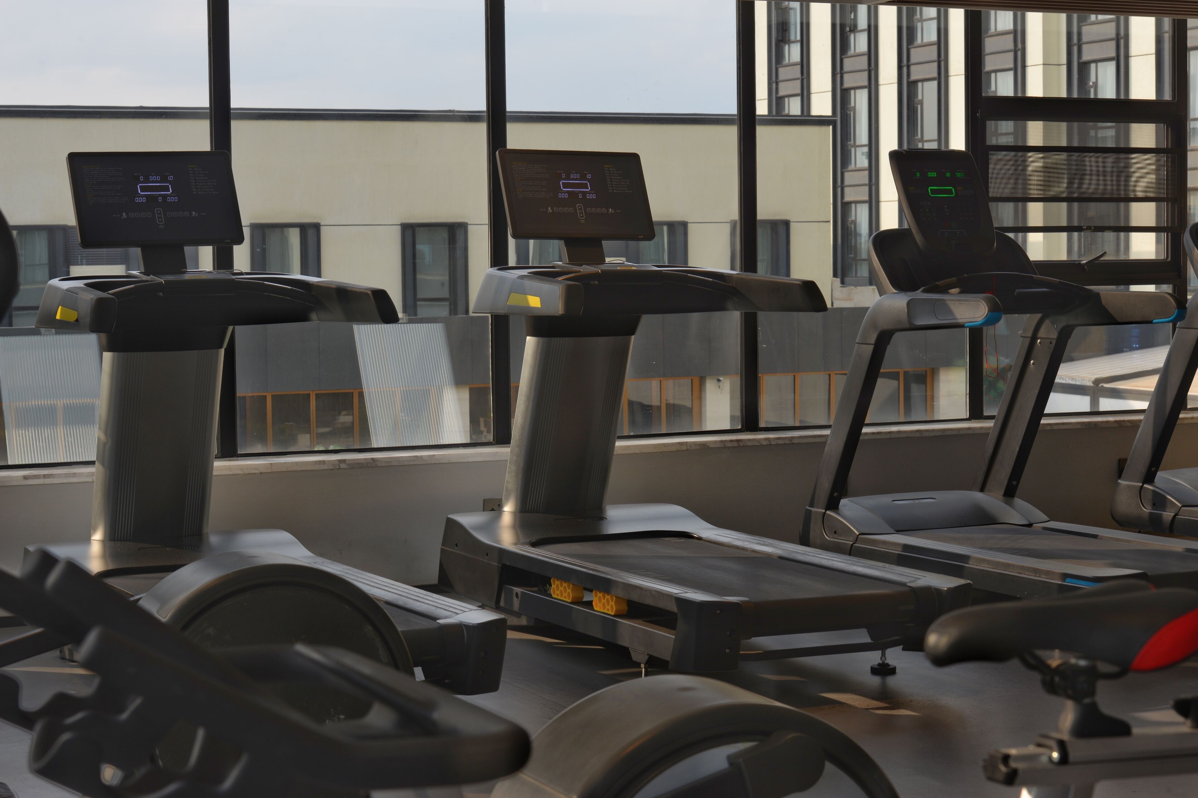 A gym with treadmills and exercise equipment.