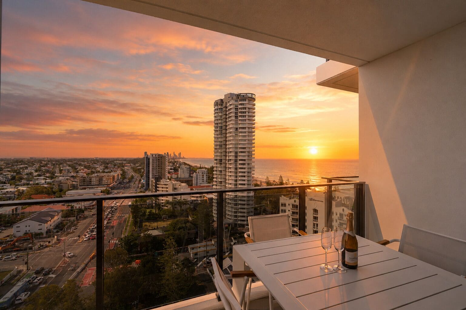 A balcony with a table, a bottle, and a glass, overlooking a cityscape and the ocean at sunset.