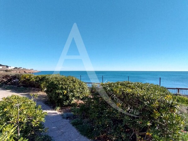 A coastal pathway leading to a beach with a clear view of the sea.