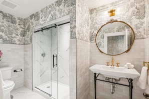 Shower, hair dryer, towels