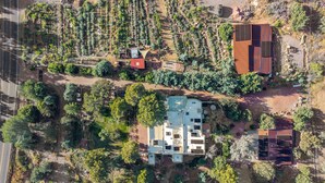 Eine Vogelperspektive auf ein Wohngebiet mit einem großen Haus, kleineren Gebäuden und einem Garten mit verschiedenen Pflanzen.
