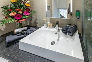 Shower, hair dryer, towels, soap