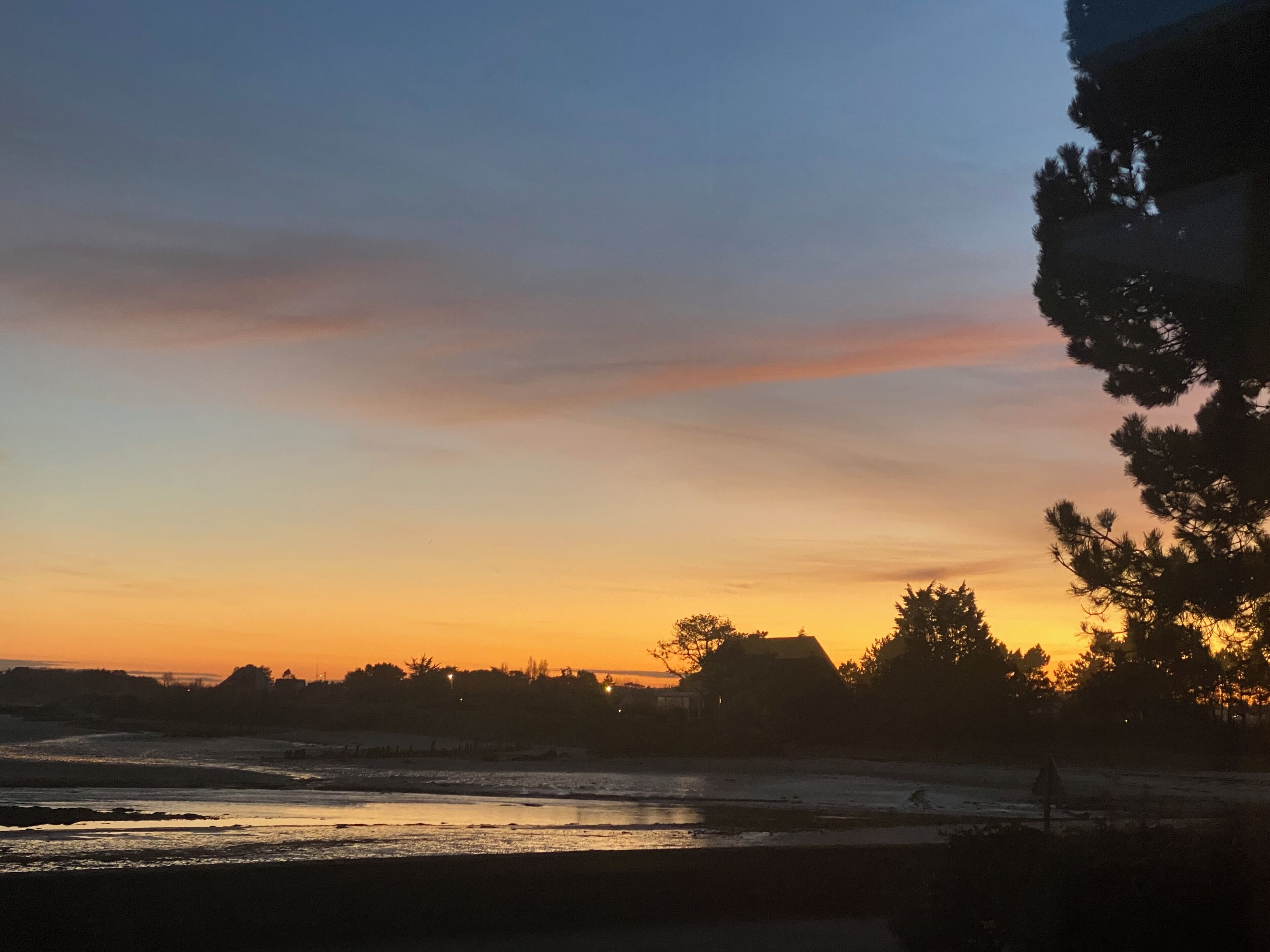 A sunset view over a beach with silhouettes of trees and buildings.