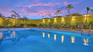 Un área de piscina con sillones de descanso y sombrillas, rodeada de palmeras y un muro de ladrillo.