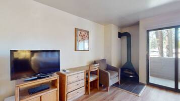 Uma sala de estar moderna com televisão de tela plana, mobiliário de madeira, um sofá e uma lareira a lenha.