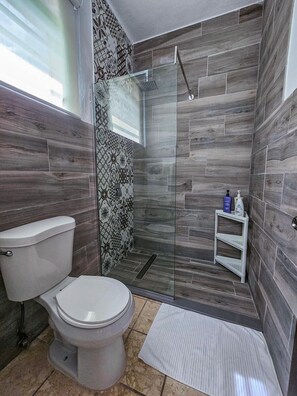 Shower, hair dryer, towels, soap