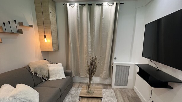A modern living room with a grey sofa, a small wooden coffee table, a flat-screen TV mounted on the wall, and a decorative vase on the coffee table. - Charmant Appartement Joinvillais (Joinville-le-Pont)
