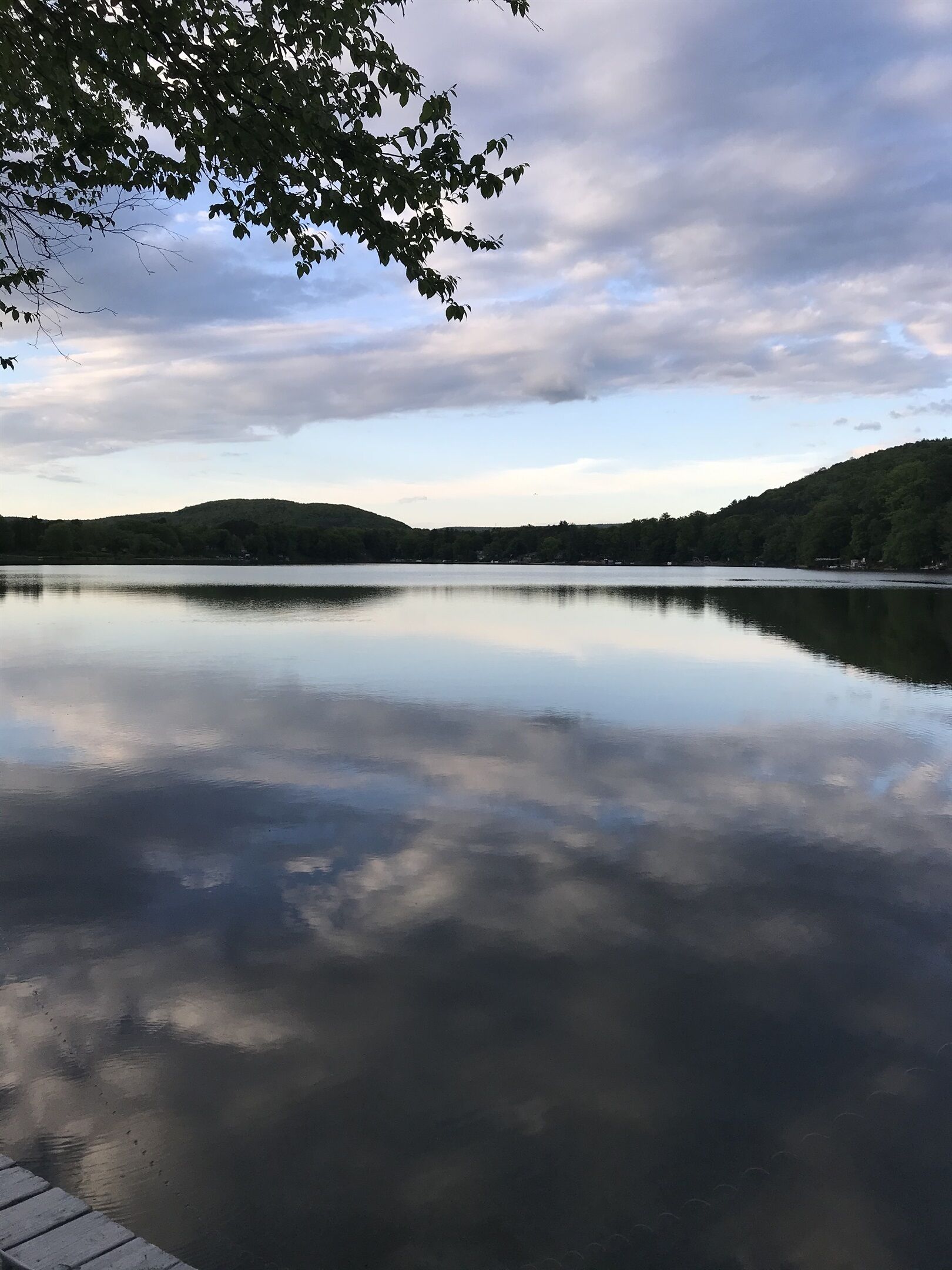En stilla sjö med en träbrygga som sträcker sig ut i vattnet, omgiven av kullar och träd.