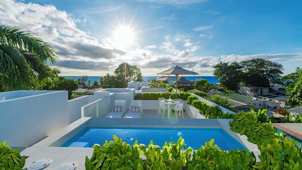 A rooftop pool area with a clear view of the ocean, surrounded by lush greenery and modern architecture. - Palm Grove Villas & Hotel (Mount Standfast)