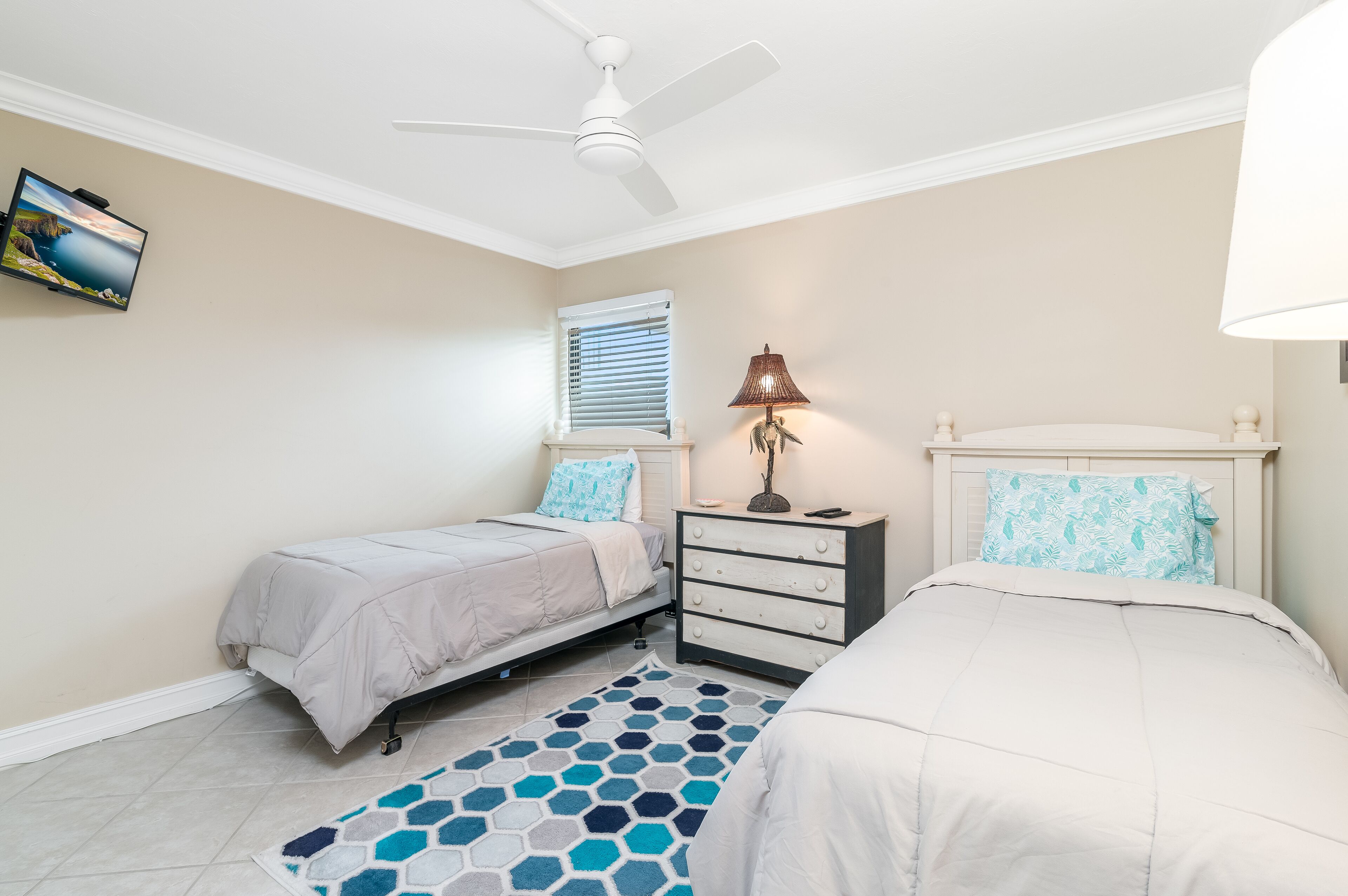 A bedroom with two beds, a ceiling fan, a TV, a lamp, and a patterned rug.