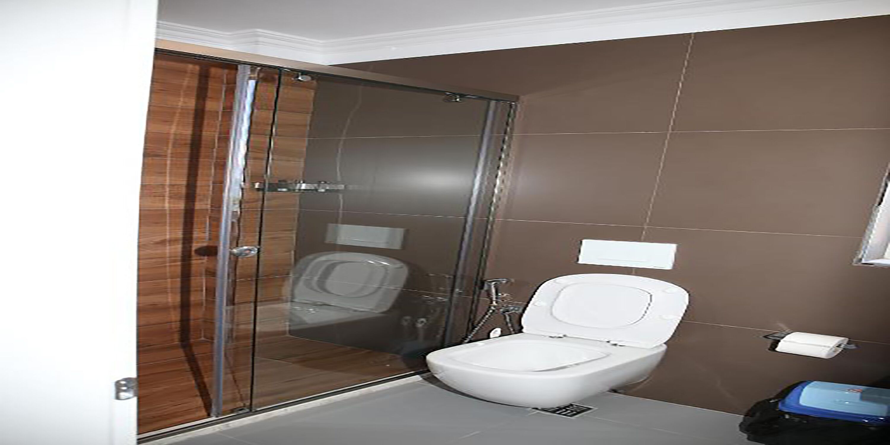 A bathroom with a glass-enclosed shower, a toilet, and a blue suitcase on the floor.