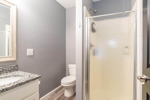 A bathroom with a shower, toilet, and granite countertop.