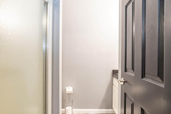 Un baño con una puerta blanca, un perchero y un dispensador de papel higiénico.