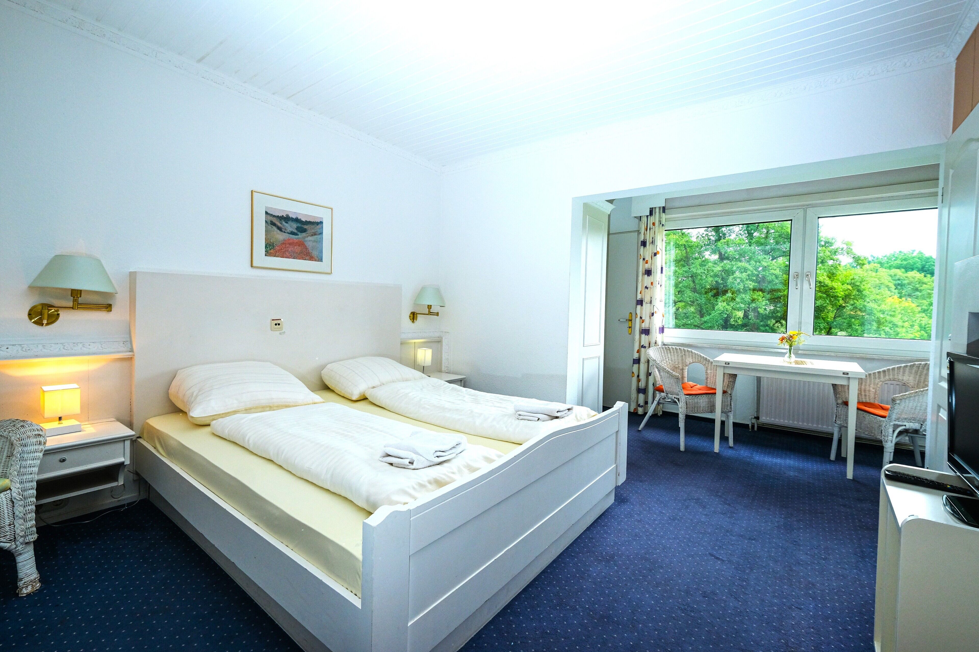 Habitación de hotel con cama doble, lámparas de noche, escritorio con silla y vista a zonas verdes por la ventana.