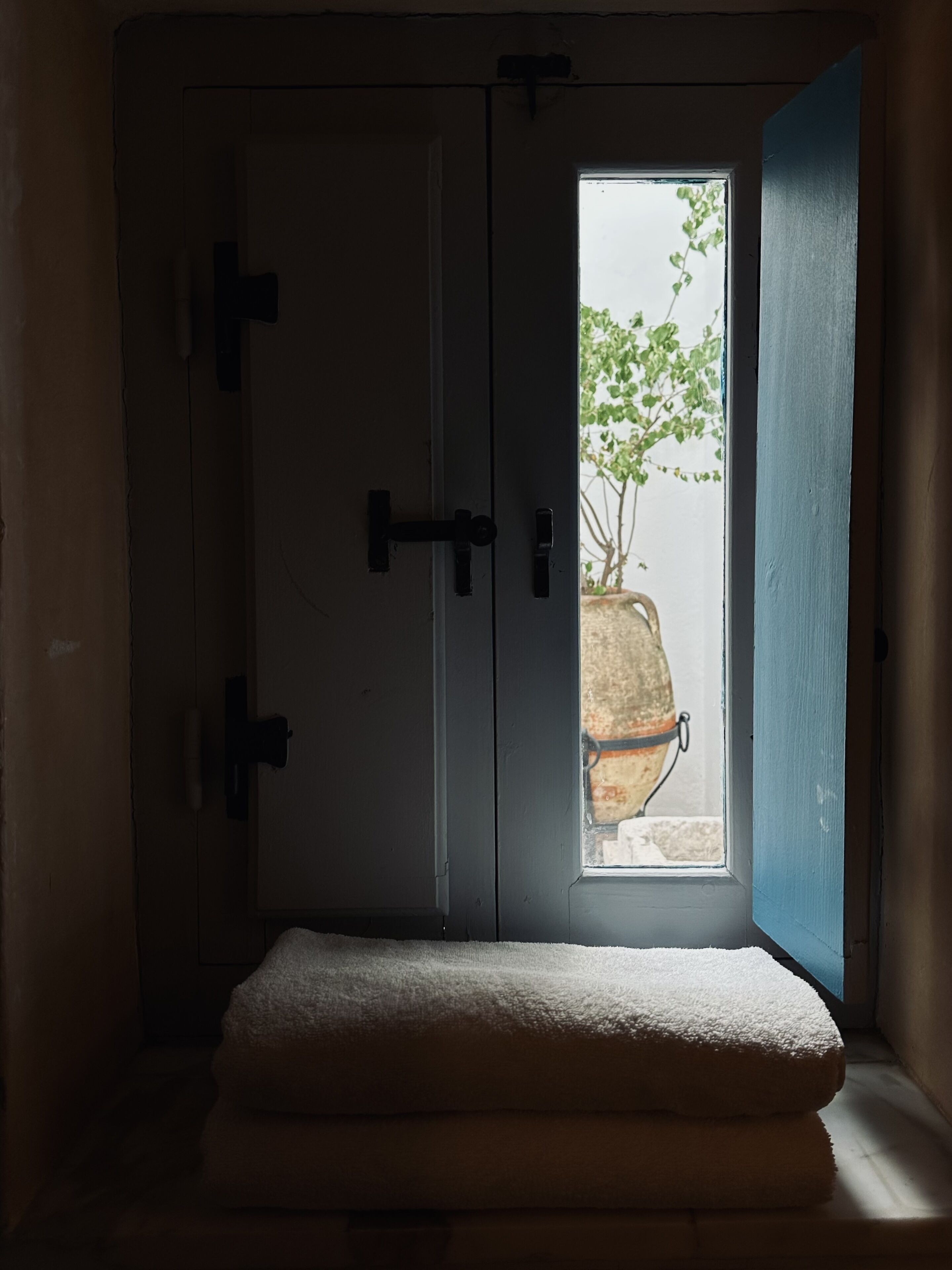 Una habitación con una puerta que da a un ventanal pequeño, un banco blanco acolchado y una planta en maceta afuera.