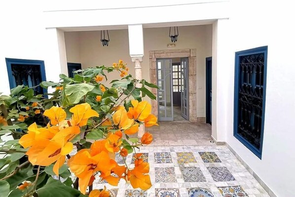 Une cour avec un sol carrelé, un bâtiment blanc aux portes bleues et une plante aux fleurs orange.
