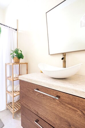 Une salle de bain avec un lavabo sur colonne blanc, un meuble-lavabo en bois, un miroir et une plante posée sur une étagère.