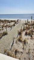 Una playa arenosa con una valla y un cartel que dice "TAY OFF DUNES".