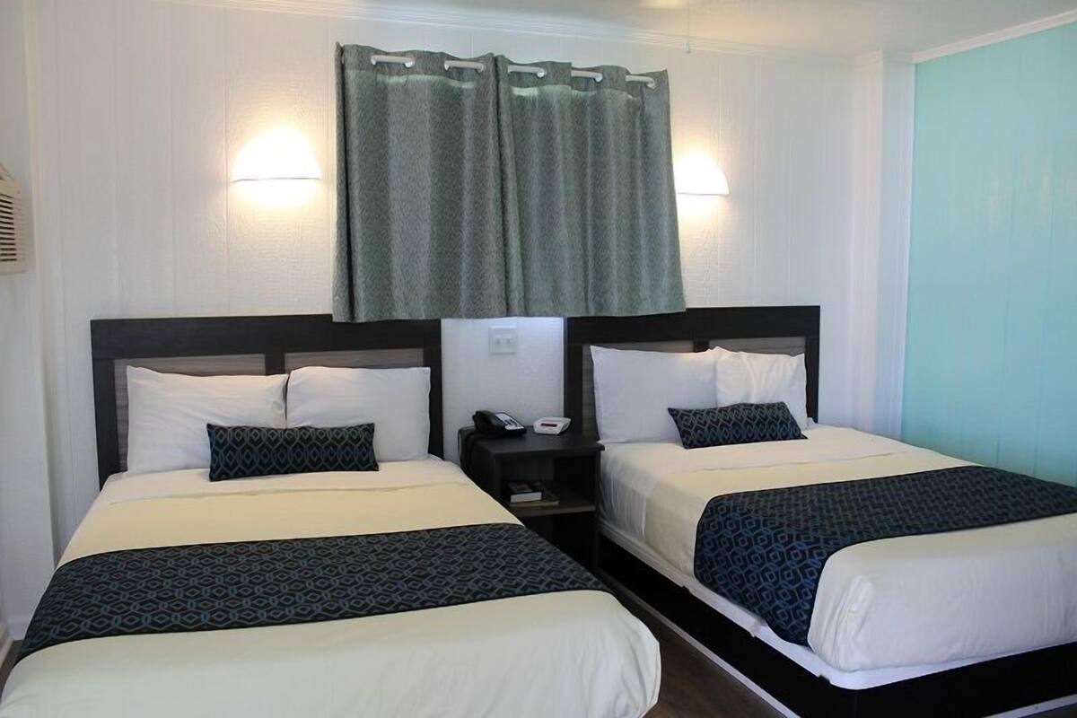 Habitación de hotel con dos camas, cada una con sábanas blancas y colchas de estampado oscuro. Hay una mesita de noche entre las camas con un teléfono y un libro. La habitación tiene una pared azul claro y una ventana con cortina.