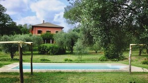 Une piscine entourée d’une végétation luxuriante, avec un bâtiment rouge en arrière-plan.
