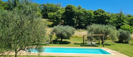 A rectangular swimming pool with a wooden pergola and lounge chairs in a lush garden setting.
