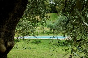A view of a swimming pool surrounded by lush greenery and a stone wall. - Enveloping natural atmosphere, enjoy it with your loved ones. (Manziana)