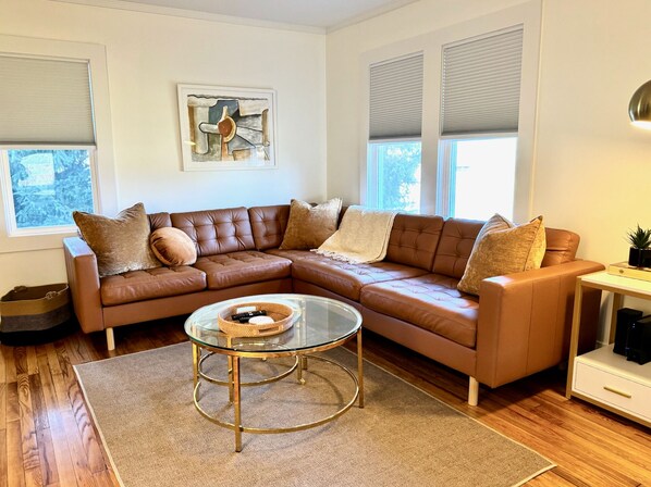 Smart TV, fireplace, books, offices