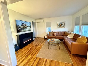 Smart TV, fireplace, books, offices