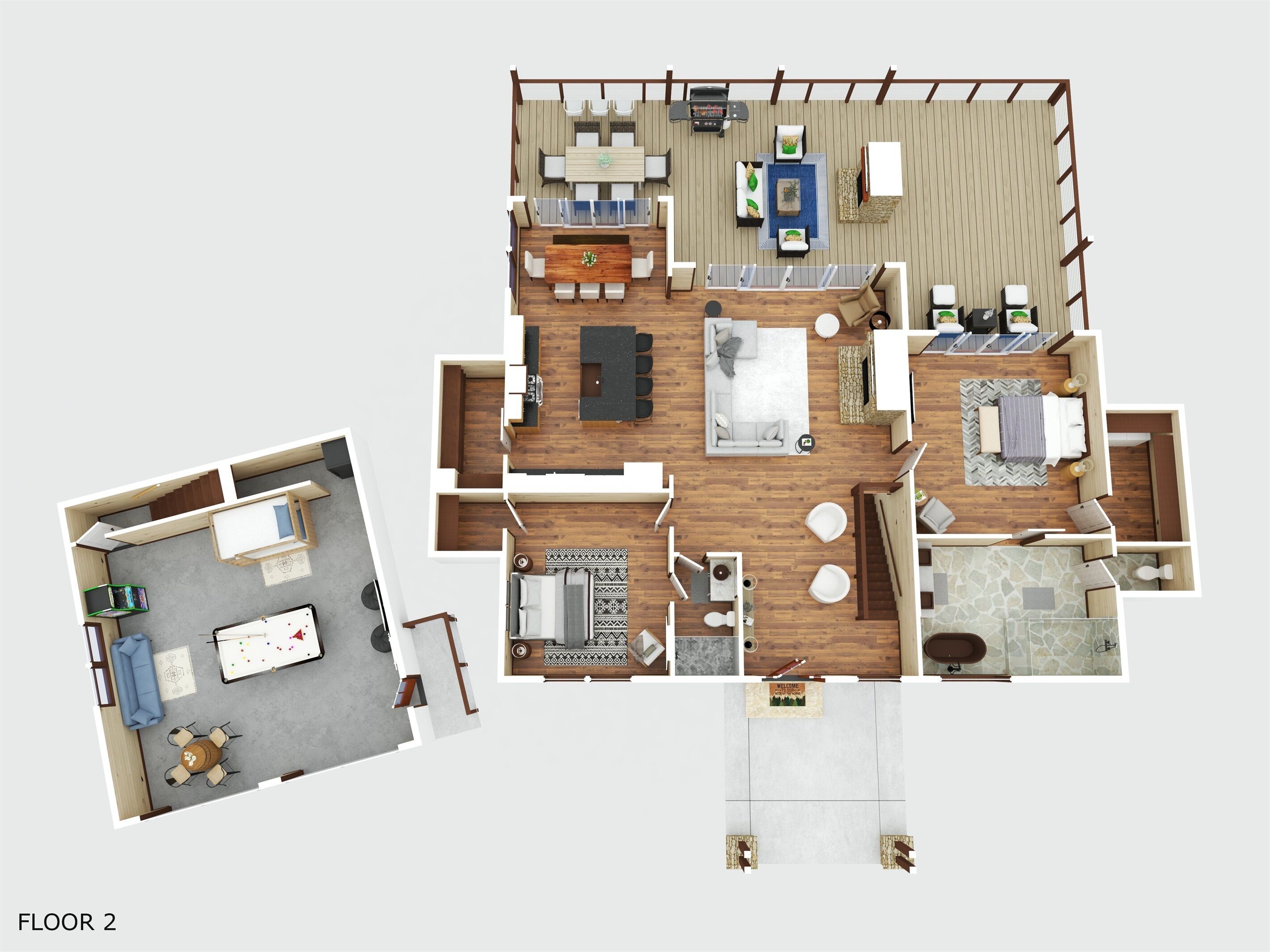 Un plan d’étage en 2D d’une chambre d’hôtel comprenant un espace de vie, un coin repas, une salle de bain et une petite cuisine.