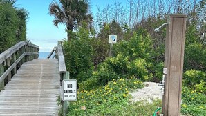 A wooden boardwalk leading to a beach, with a 'NO ANIMALS' sign and a bench. - Seashell Escape (New Smyrna Beach)