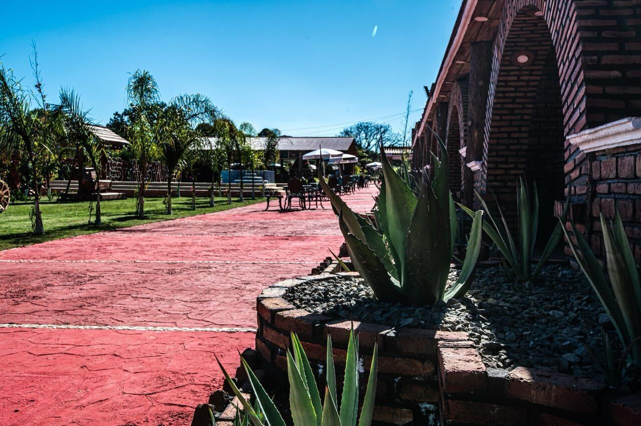 A paved walkway with a red surface, surrounded by greenery and a brick building.