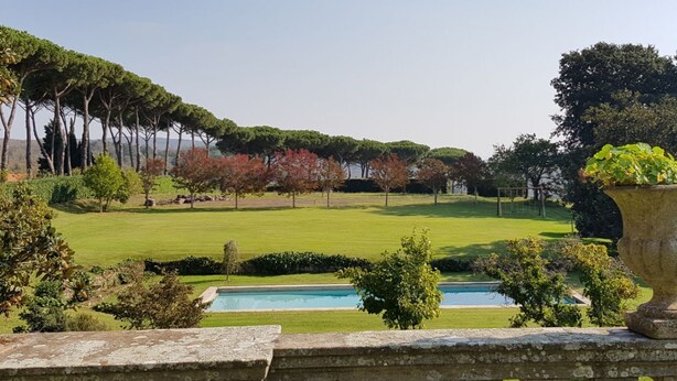 A landscaped garden with a pool, stone balustrades, and a variety of trees.