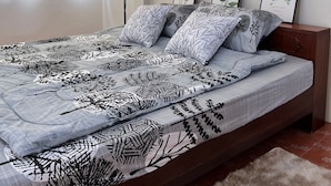 A bedroom with a bed, a floor lamp, and three framed botanical prints on the wall. - Experience the Essence of Friendship: in the Heart of the Old Town (Phuket)