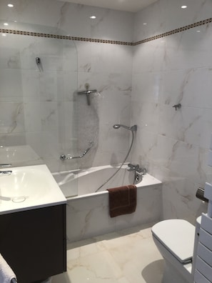 Shower, hair dryer, towels, shampoo